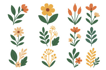 Stylized botanical elements featuring abstract flowers and green leaves in modern flat design