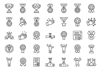 Vector illustration of collection of black and white line icons representing achievement, award, trophy, medal, success, winner, and celebration