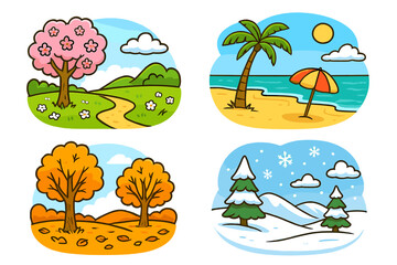 Naklejka premium Four cartoon scenes depicting distinct landscapes and weather of changing seasons
