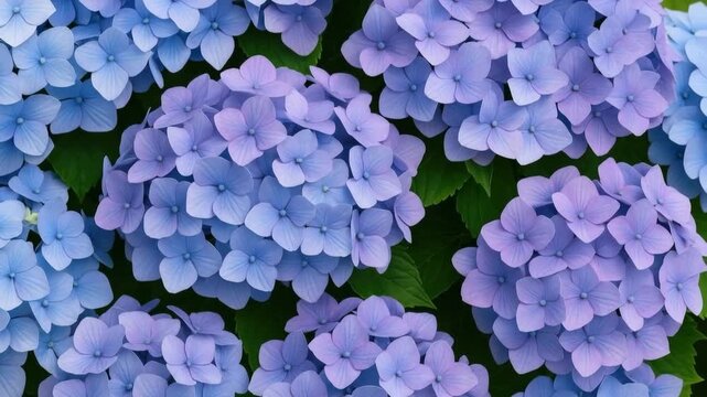 Close-up view of vibrant blue and purple hydrangea flowers blooming showcasing lush green leaves in soft natural light with a gradual reveal from different angles.
