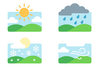 Four weather forecast icons: sun, rain, snow, and wind over green rolling hills