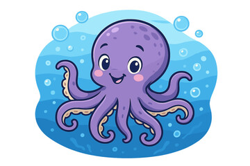 Adorable purple octopus character smiling happily in the blue ocean water with air bubbles