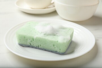 Kitchen sponge with foam and dishware on white marble table, closeup