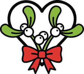 A romantic cartoon illustration of mistletoe branches curved to form a heart shape, featuring green leaves, white berries, and a red ribbon bow at the bottom.