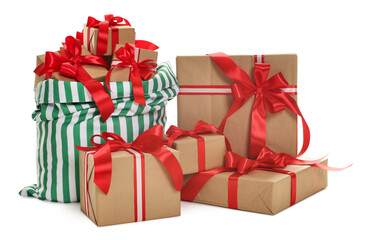 Santa Claus bag with Christmas gifts isolated on white