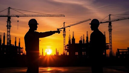 Construction Workers at Sunset - A Silhouette of Progress.
