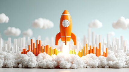 Orange rocket launching amidst cityscape with clouds and vapor