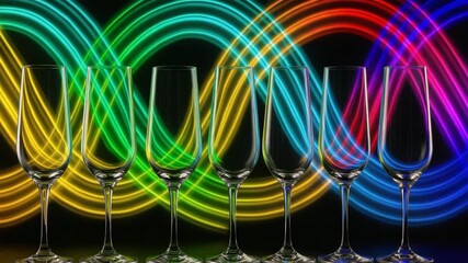 Colorful neon glowing lines weave behind elegant champagne glasses arranged symmetrically on a dark surface showcasing vibrant hues of purple green yellow and red in dynamic visual transitions.