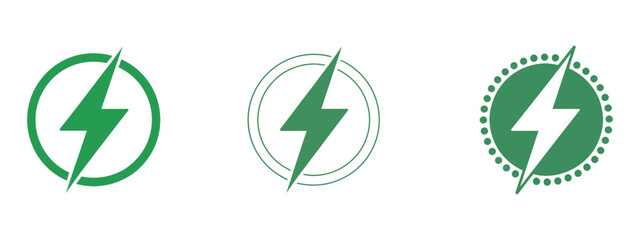 Green lightning bolts symbolizing electricity, energy, charging, renewable power, eco-friendly battery, and sustainable technology illustrations
