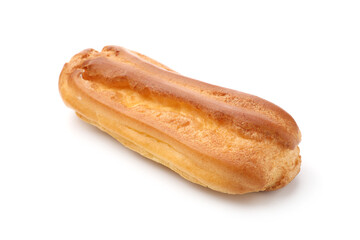 One tasty eclair isolated on white. Delicious dessert