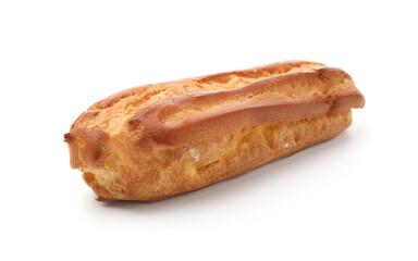 One tasty eclair isolated on white. Delicious dessert