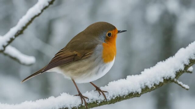 Close-up of a European robin perched on a snow-covered branch in a winter forest with soft snowfall creating a serene environment showcasing the bird's vibrant orange chest and soft brown feathers