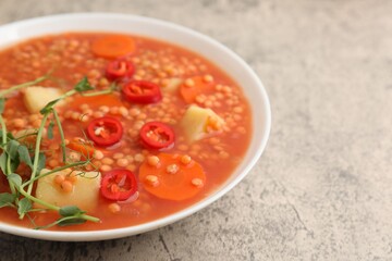 Delicious lentil soup with vegetables in bowl on grey table, closeup. Space for text