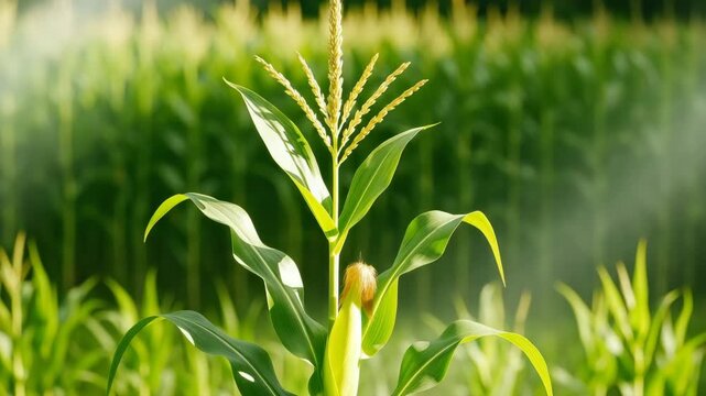 Close-up of vibrant corn plant with green leaves and yellow tassels swaying gently against a blurred background of cornfield in soft natural light showcasing agricultural growth and blooming process