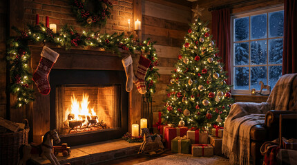 Cozy Christmas Fireplace and Tree with Snowy Window View