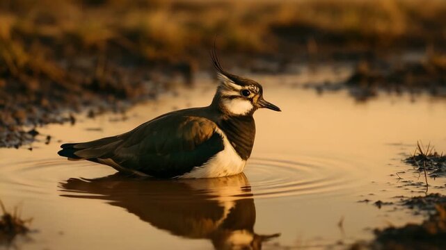 Colorful lapwing bird standing gracefully in shallow water at sunset capturing reflections in rippling surface surrounded by textured earth and soft warm natural light