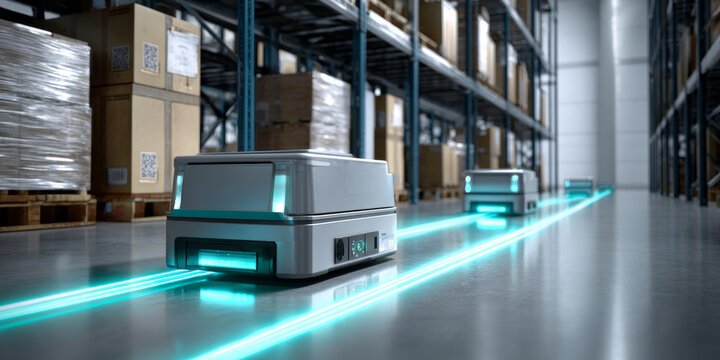 Automated warehouse robots navigating aisles with glowing blue guidance lines among stacked cardboard boxes on metal shelves in modern logistics center