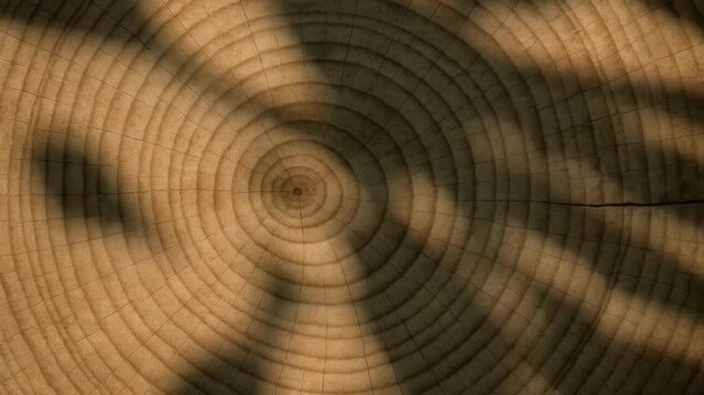 Close-up of a tree trunk showing detailed concentric growth rings with soft natural lighting revealing wood textures and muted color tones with shifting shadows emphasizing the circular patterns.