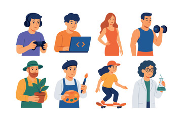 Diverse people and hobbies, flat vector illustration with activities and interests