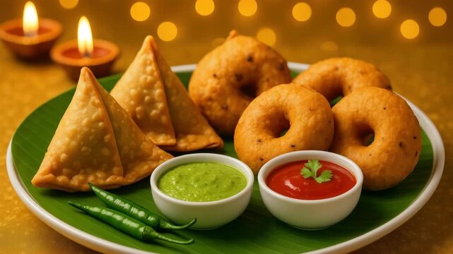 Close-up view of traditional Indian snacks including golden-brown samosas and doughnuts served with vibrant green and red chutneys on a decorative plate with warm lighting.