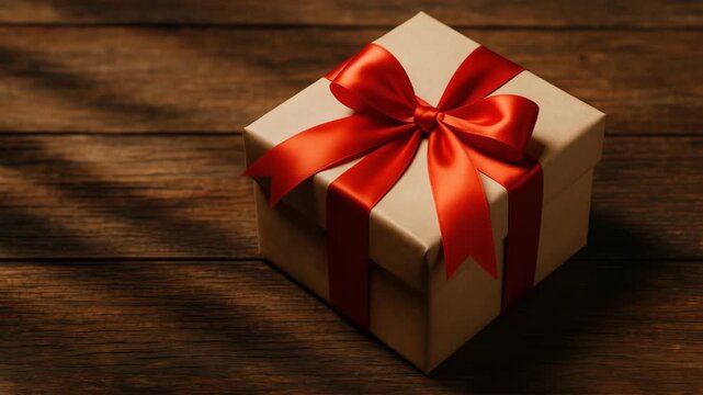 Close-up of a beautifully wrapped gift box with a vibrant red ribbon sitting on a rustic wooden table illuminated by soft natural light showcasing its elegant design and packaging details