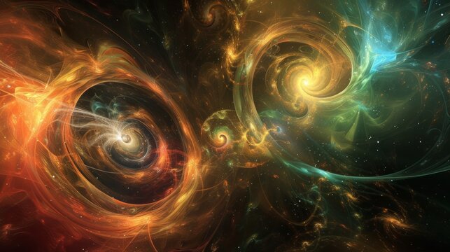 Abstract background of swirling cosmic galaxies and nebulae. Futuristic science fiction illustration of colorful energy spirals in deep space