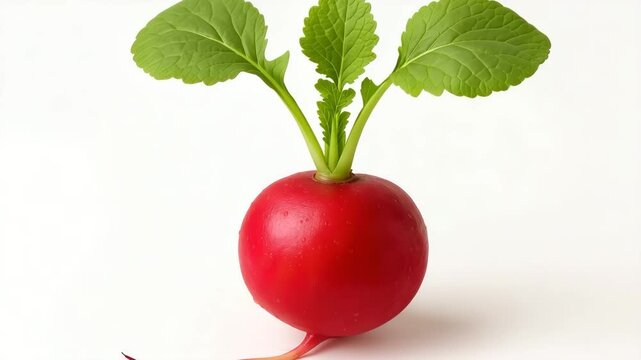 Close-up of vibrant red radish with lush green leaves showcasing its round shape textured surface and gradual shedding of a thin root in a bright minimalistic environment