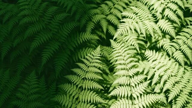 Lush green fern leaves in varying shades captured in sunlight with intricate textures and patterns showcasing vibrant foliage moving gently in a natural outdoor setting