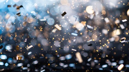 Falling gold confetti on a festive blue background. Abstract celebration with sparkling bokeh lights. Holiday party and New Year's Eve concept