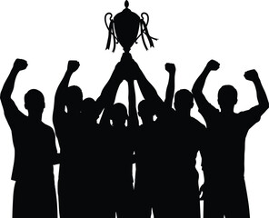 Team Silhouettes Celebrating Victory, Holding a Shiny Championship Trophy High in the Air, Illustrating Success, Achievement, and Teamwork.