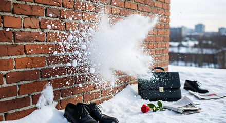 Snowball splatter on brick wall in snowy city rooftop, flying snow explosion with black shoes, briefcase, newspaper and red rose on white snow, dramatic winter story and mystery concept