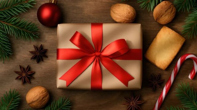 Top-down view of a beautifully wrapped gift box with red ribbon surrounded by festive decorations including pine branches walnuts cookies and a candy cane on a rustic wooden table