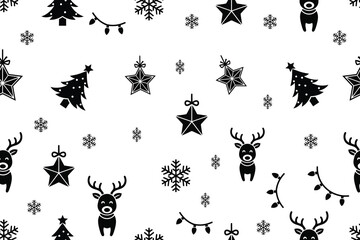 Black and White Christmas Reindeer Tree Star Pattern Vector Illustration