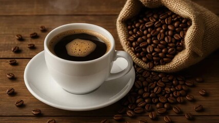 Close-up of freshly brewed black coffee in a white cup on a wooden table surrounded by scattered coffee beans and a burlap bag with warm natural light highlighting the textures. - Powered by Adobe