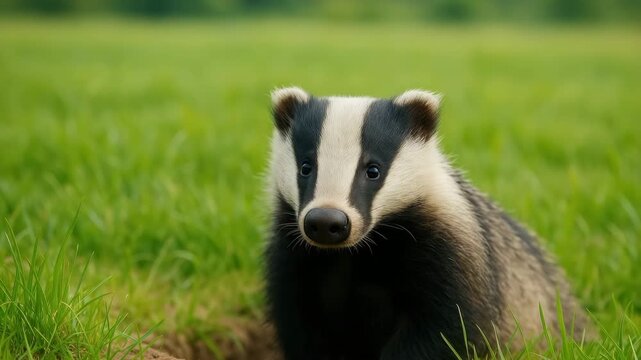 Close-up of a badger emerging from its burrow in a grassy meadow showcasing natural light variations with the animal's fur texture and distinct black and white patterns highlighted in soft light.