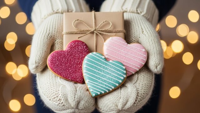 Festive gift presentation featuring colorful decorated heart-shaped cookies