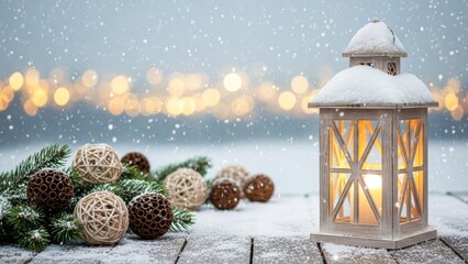 Serene winter scene featuring a glowing lantern surrounded by festive