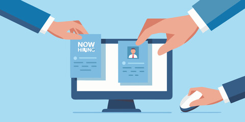Hands selecting candidates and now hiring notice on computer screen