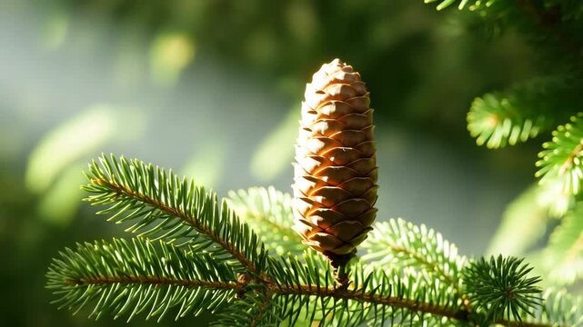 Close-up of a pine cone on a green branch with textured needles captured in soft natural light showcasing vibrant color contrasts throughout the video from morning to afternoon
