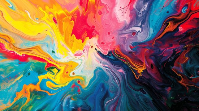Vibrant abstract background of swirling liquid paint. Colorful acrylic ink mixing in fluid motion. Modern art texture for wallpaper
