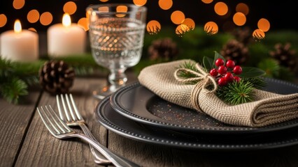 Elegant Christmas Dinner Table Setting with candles and festive decor