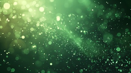 Abstract green background with glowing particles and bokeh light. Magical sparkling glitter dust in motion
