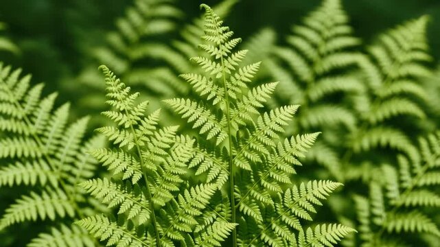 Lush green ferns swaying gently in the breeze captured in close-up from different angles showcasing intricate leaf patterns and textures against a softly illuminated background