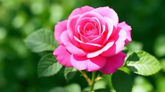Close-up of vibrant pink rose blooming in bright sunlight surrounded by lush green foliage with soft texture and rich colors showcasing natural beauty and garden elements