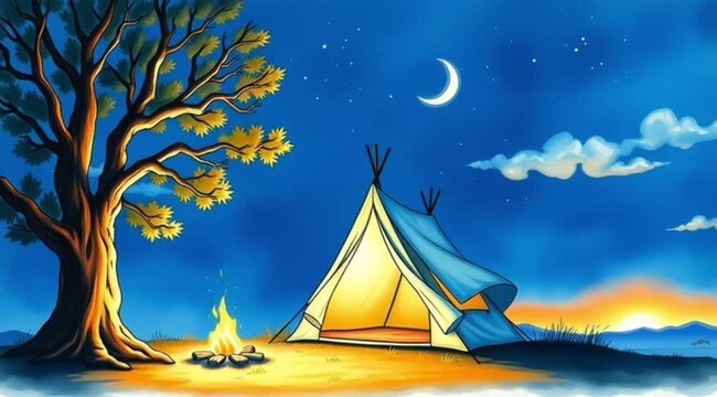 Illustrated night camping scene with glowing tent and small campfire under crescent moon and starry sky beside large tree with colorful twilight horizon atmosphere. Outdoor adventure concept