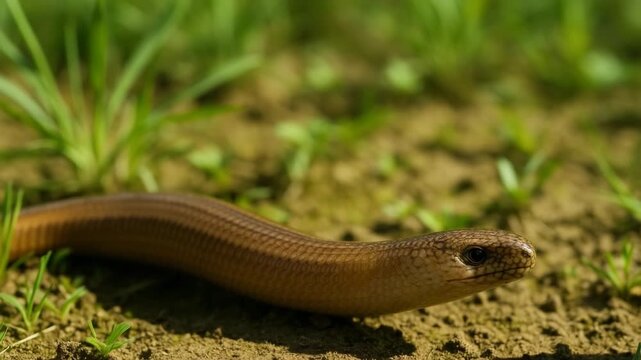 Close-up of a slender brown snake moving across a grassy ground showcasing its smooth scales and distinct head shape surrounded by lush green vegetation under soft natural light