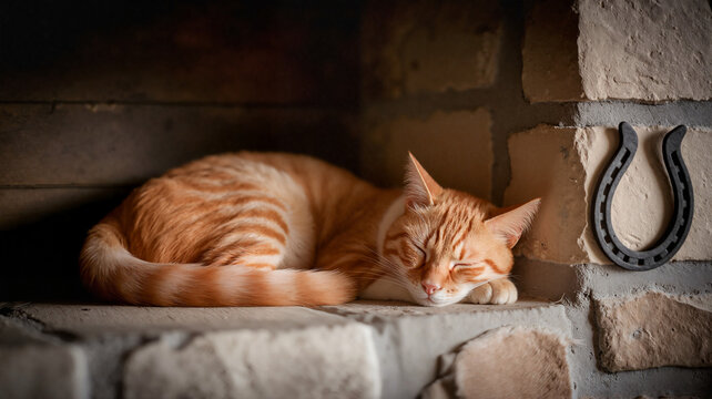 Ginger cat sleeping peacefully on stone fireplace shelf  