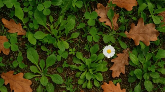 Top-down view of a single white daisy surrounded by vibrant green leaves and dry brown oak leaves on a grassy ground showcasing gradual shifts in plant surroundings throughout the video.