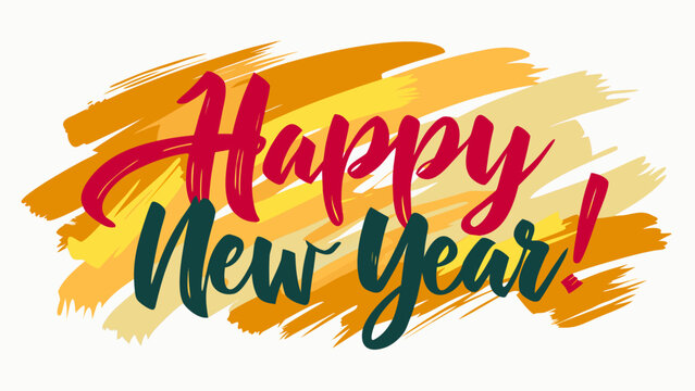 Happy new year handwritten text with colorful brush strokes background celebration