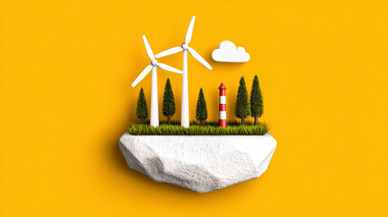 Wind power landscape featuring wind turbines, trees, and lighthouse on floating island